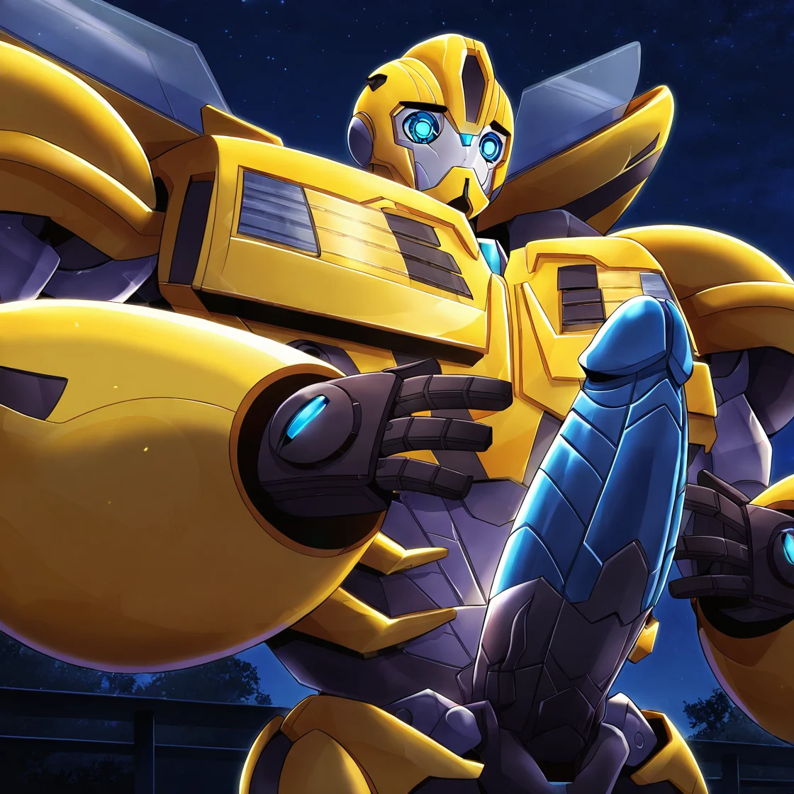 <lora:Bee:1> bee, robot, blue eyes, mecha, solo, 1boy, huge neon cock, shrugging, masterpiece, absurdres, dark, night sky, <lora:add-detail-xl:1>