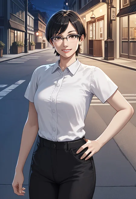 score_9, score_8_up, score_7_up, source_anime, 1girl, chitose, solo, black hair, earrings, short hair, light smile, street, mature female, white shirt, short sleeves, one hand on hip, ((glasses)), pants, cowboy view, looking at viewer, night