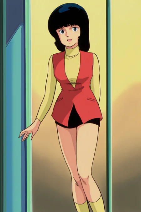 (retro artstyle, 1980s (style):1.2),
outside,
<lora:Fa_Yuiry_Mobile_Suit_Zeta_Gundam:.9>
Fa red and yellow initial outfit, Fa Yuiry (character), 1girl, solo, short hair, black hair,  socks, red dress, vest, turtleneck, pencil skirt, black shorts,  standing, looking at the viewer, :D, open mouth, cute smile