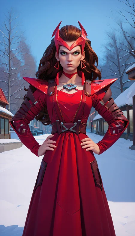 zPDXL3,<lora:LunarCAT_Style:.8>, <lora:WandaMR:.7>,
scrltwtchmr, woman, green eyes,makeup,brown hair,long hair, headpiece,red dress,earrings,shoulder pads, long sleeves, looking at viewer, serious, standing, hands on hips, outside, park, trees, snow, blue sky, city,