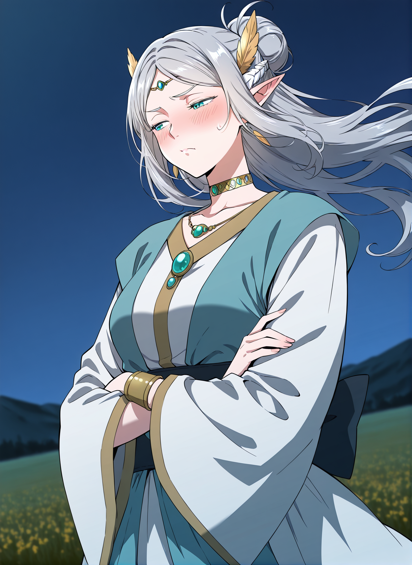 <lora:Merial_Eralith__The_Beginning_After_the_End__Illustrious:1>
1 girl, solo, elf, pointy ears, aqua eyes long hair, grey hair, ponytail, braid, single hair bun, 
dress, long sleeves, wide sleeves, hair ornament, circlet, jewelry, earrings, necklace, choker, head wings,
score_9, score_8_up, score_7_up, very aesthetic, source_anime, detailed, high quality, beautiful, masterpiece, detailed eyes, field, blurry background, pose dynamic angle, upper body, cowboy shot, floating hair, half-closed eyes, arms crossed, looking to the side, pouting, sulking, embarrassed, night,