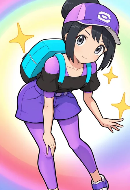 hinosaki, [[pokemoa, gonzarez]]2d, masterpiece, best quality, amazing quality, 1girl, solo, close-up, standing, smile, upper body, leaning_forward, looking at viewer, multicolored background, sparkle, rainbow background, colorful background, pkbettie, dark style, black hair, grey eyes, short hair, sidelocks, bangs, hair bun, baseball cap, purple headwear, black shirt, collarbone, purple undershirt, short sleeves, off-shoulder shirt, high-waist shorts, purple shorts, purple leggings, leggings under shorts, blue backpack, shoes, purple footwear, white footwear
