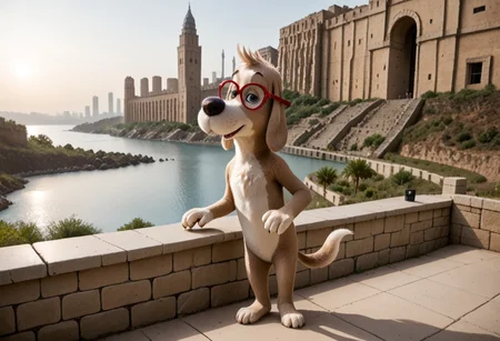 (((Barefoot furry character, cinematic setting, furry male, upper body, correct anatomy)))
(((Sumerian, scenery, building, city, cityscape, monumental architecture))), view from behind on Mr Peabody standing on the balcony, looking at the sumerian city in front of him, leaning on the railing. Mr Peabody, black pajama, white dog, glasses, small dog snout, tall body, small head, sunset
BREAK, intricate details, highly detailed, extreme detail, octane render, fine art, best quality, highres, (detailed face:1.5), UHD, (((perfect hands))),