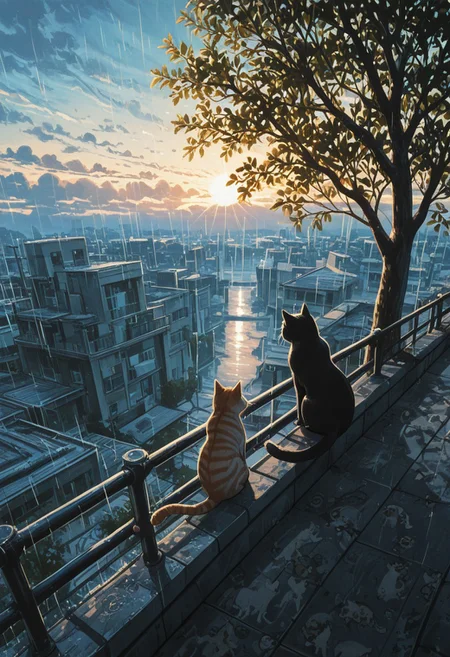 multiple cats, domestic cat, orange tabby cat, black tabby cat, white tabby cat, striped kitten,
on rooftop, sitting in a row, back view, tail hanging down, tail down,
sunny day, soft shadows, warm lighting, vibrant colors, slice of life, serene mood, sunny, rain, rainbow on sky, white clouds, urban rooftop, concrete wall, plants in foreground, tree, open air, peaceful afternoon,
masterpiece, amazing quality, best quality, scenery, painterly, anime coloring