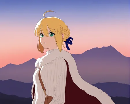 1girl,solo,turtleneck,sweater,outdoors,turtleneck sweater,sky,mountainous horizon,upper body,white sweater,looking to the side,parted lips,mountain,twilight,ribbed sweater,gradient sky,sunset,bag,
1girl,solo,saber,blonde hair,green eyes,ahoge,braid,looking at viewer,sidelocks,ribbon,blue ribbon,upper body,bangs,hair bun,hair ribbon,hair between eyes,french braid,short hair,fur-trimmed cape,single hair bun,dress,braided bun,
<lora:lookback-noob10-v2-000030>,