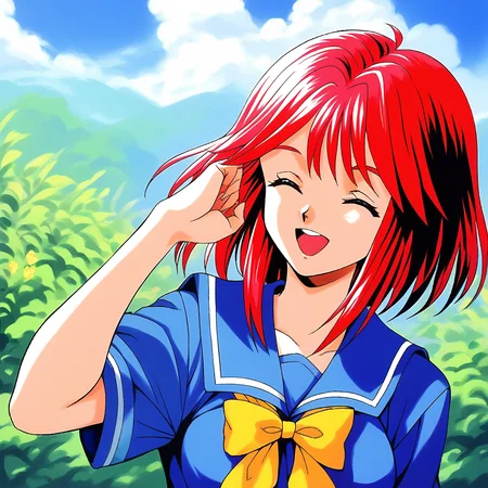score_9, score_8_up, score_7_up, source_anime, rating_explicit, BREAK  <lora:Asahina_Yuko_XL:1> AsahinaYuko, red hair, medium hair, closed eyes, bangs, sidelocks, breasts,
1girl, solo, school uniform, open mouth, smile, looking at viewer, transparent background, serafuku, sailor collar, portrait, blue sailor collar, 1990s (style), yellow bow, 
looking at viewer,  shirt, blue shirt,
outdoor, day, sky,