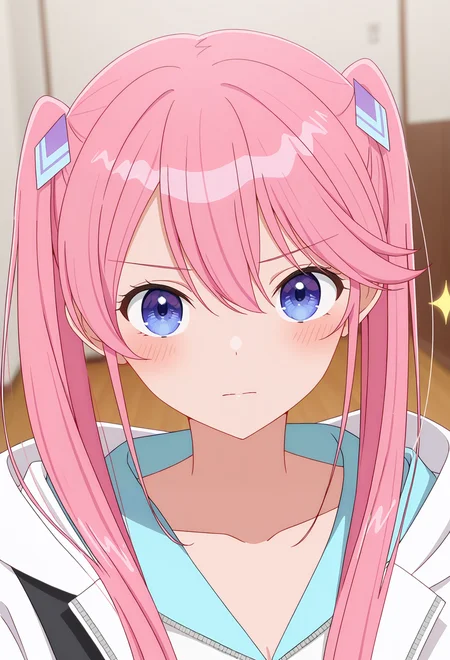 <lora:OUKA SHIUNJI_illustrious-000046:1>,
OUKA SHIUNJI,twintails,blush,solo,collarbone,sparkle,closed mouth,hood,blurry background,blurry,jacket,hair ornament,looking at viewer,indoors,white jacket,portrait