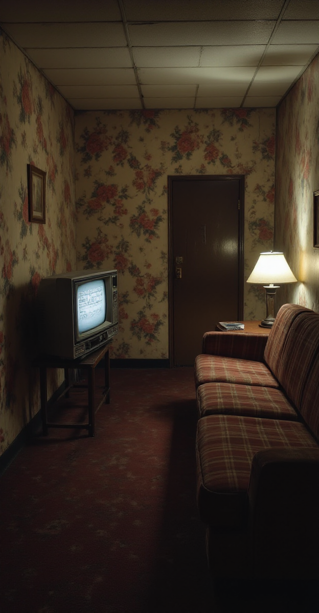 A dimly lit motel room sits in eerie silence, its stained plaid-patterned couch sagging from years of neglect. The air is stale, carrying the scent of old fabric and dust. A flickering boxy television rests on a small wooden stand, its screen filled with static, the volume turned all the way down. The faded floral wallpaper peels at the corners, revealing the cracked plaster beneath. A single lamp glows weakly on the nightstand, casting elongated shadows that stretch unnaturally across the floor. The door is locked, yet something about the silence feels wrong, as if the room is waiting.
<lora:Liminal-Space-Flux:1>