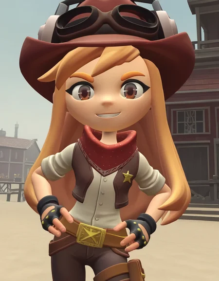 score_9, score_8_up, score_7_up, source_anime,
meggyspletzer, <lora:meggy-spletzer-ponyxl-lora-nochekaiser:1>,
meggy spletzer, long hair, blonde hair, brown eyes, 3d,
gloves, hat, pants, fingerless gloves, eyewear on head, cowboy hat, cowboy western,
outdoors, dessert, hands on hips, smile,
looking at viewer, cowboy shot, dutch angle, solo,