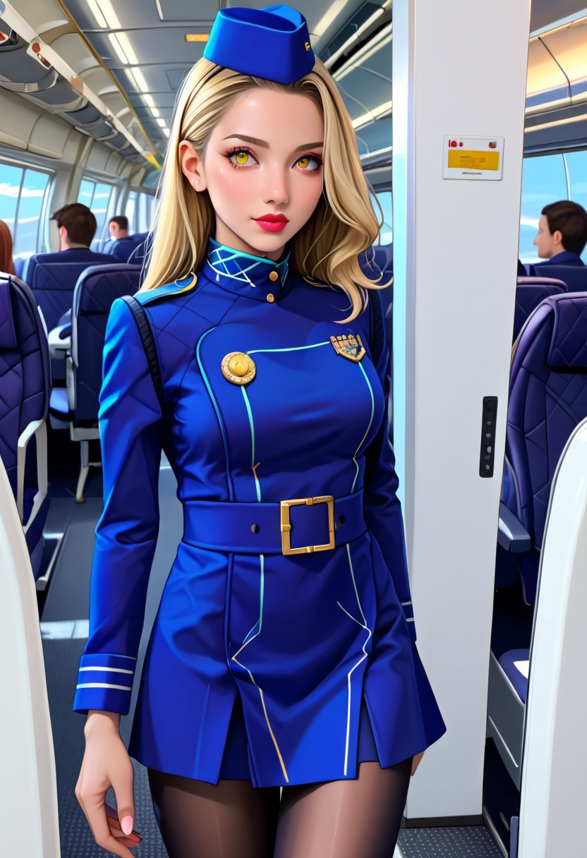 score_9, score_8_up, score_7_up, source_anime, highly detailed,  
1 girl, 23 years old,
margaretp4, blonde hair, long hair, yellow eyes, big breasts,
cabin crew, blue skirt, uniform, white shirt, miniskirt, stewardess hat, pantyhose, black pantyhose, high heels, lipstick,
airport, lounges, standing, From front.