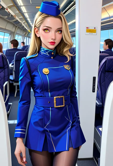 score_9, score_8_up, score_7_up, source_anime, highly detailed,
1 girl, 23 years old,
margaretp4, blonde hair, long hair, yellow eyes, big breasts,
cabin crew, blue skirt, uniform, white shirt, miniskirt, stewardess hat, pantyhose, black pantyhose, high heels, lipstick,
airport, lounges, standing, From front.