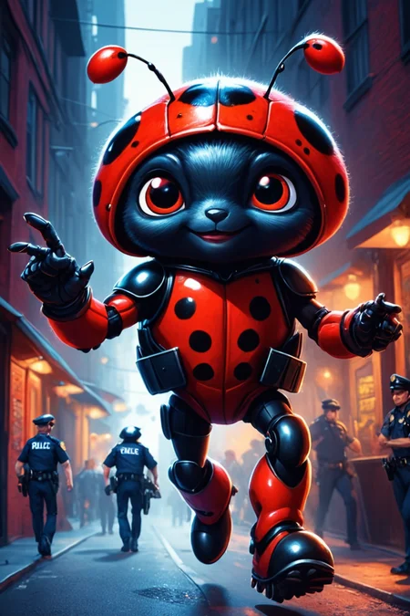 Detailed digital illustration of an anthro Ladybug (Waving hello, a friendly gesture) at a Hovering police drones patrolling dark alleys, <lora:xl_more_art-full_v1:0.5>, <lora:anthro_muscular:0.7> , <lora:madpunk:0.4> madpunk