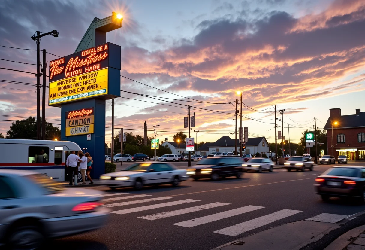 long shot scenic professional photograph of The legend of the mistresses standing in the intersection by the moving vehicles practicing aggressive window solicitation, perfect viewpoint, highly detailed, wide-angle lens, hyper realistic, with dramatic sky, polarizing filter, natural lighting, vivid colors, everything in sharp focus, HDR, UHD, 64K