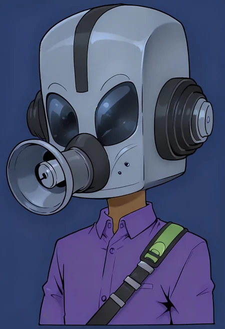 marker \(medium\), traditional media, solo, intricate details, high quality, score_9,score_8_up,score_7_up,score_6_up,score_5_up,score_4_up, source_cartoon, wearing gashelm, solo, helmet overlapping face, simple background, 1boy, upper body, male focus, purple collared shirt, blue background, dark-skinned male, flat colors, neck, shoulder strap