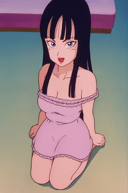source_anime, score_9, score_8_up, score_7_up, anime screencap,8k, absurd res,
mai \(dragon ball\), solo, long hair, bangs, blue eyes, black hair, seductive smile, open mouth, saliva,
pink sleeveless, collarbone, frilled dress, looking at viewer, from above, barefoot, kneeling, off shoulder, strap slip, cleavage,
<lora:maiDB_pony_v1:0.8>