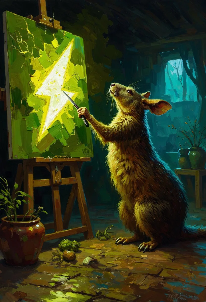 open_Impressionism,DIGITAL PAINTING,FLUORESCENT, GLOW,zavy-psnglw,D4rch, eerie light, luminescent toxic glow. An anthro hybrid of capybara rodent and fennec fox is a passionate painter, he euphorically paints a yellow lightning bolt icon on a masonite board in his studio, it is breathtaking and magnificent buzz beg painting. Intricate details and vibrant hues. Chiaroscuro lighting technique. Detailed fur texture. Atmospheric depth. Tenebrous background. Hyperrealistic detail.