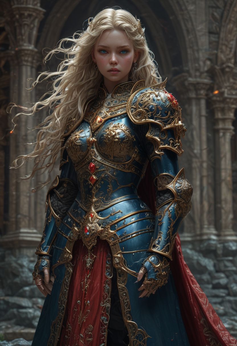 High resolution ultra-realistic of beautiful Warrior Princess, A Warrior Princess clad in a iron armor, red mini skirt, standing among the soldiers in the courtyard of a gloomy castle, head and shoulders portrait, wavy blonde hair, realistic blue eyes, perfect athletic figure, handsome vampire pale bloody face, beautiful perfect detailed pupils, wet oily shiny skin, beautiful firm Breasts, defiant and seductive, 8k resolution concept art portrait by Greg Rutkowski, Dark Ages, Artgerm, WLOP, Alphonse Mucha dynamic lighting hyperdetailed intricately detailed Splash art trending on Artstation triadic colors Unreal Engine, 5 volumetric lighting, Cinematic Lighting, intricate, smooth, sharp focus digital painting, Asymmetrical Balance, hyperdetailed painting, dynamic lighting