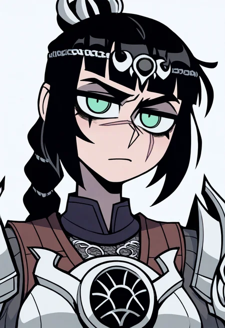 best quality, amazing quality, very aesthetic, absurdres, vanripper,
1girl, solo, shadowheart, black hair, braided ponytail, green eyes, scar on face, circlet, armor,
looking at viewer, upper body, simple background, white background <lora:ShadowHeartIllustrious_byKonan:0.8> <lora:VanripperIllustriousXL_byKonan:1>