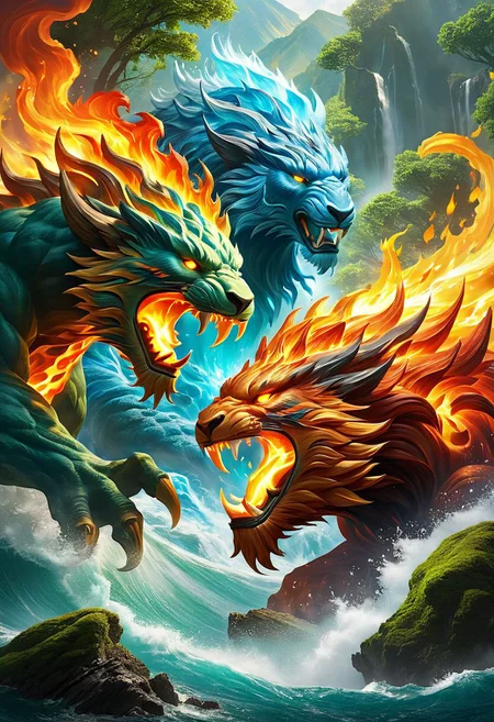 Earth elemental, colliding with fire elemental, colliding with wind elemental, colliding with water elemental