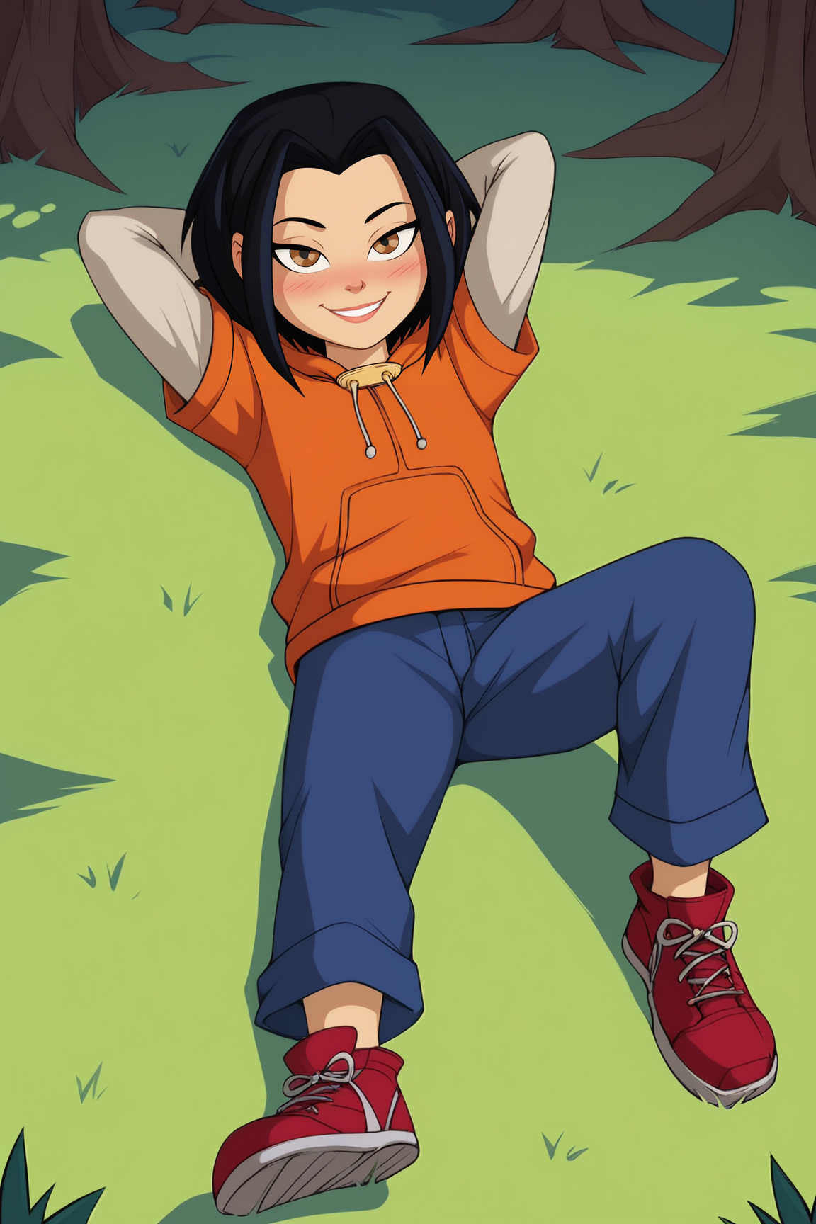 score_9, score_8_up, score_7_up, score_6_up, BREAK, JadeJCAPXL, colored skin, dark-skinned female, brown eyes, black hair, short hair, flat chest, hood down, orange hoodie, short sleeves hoodie, long sleeves, blue pants, red footwear, solo, full body, (lying on grass), on back, arms behind head, seductive smile, looking at viewer, naughty face, nose blush, forest, tree  <lora:JadeJCAPXL:1>