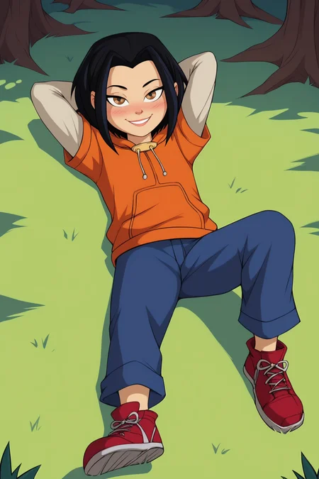 score_9, score_8_up, score_7_up, score_6_up, BREAK, JadeJCAPXL, colored skin, dark-skinned female, brown eyes, black hair, short hair, flat chest, hood down, orange hoodie, short sleeves hoodie, long sleeves, blue pants, red footwear, solo, full body, (lying on grass), on back, arms behind head, seductive smile, looking at viewer, naughty face, nose blush, forest, tree <lora:JadeJCAPXL:1>
