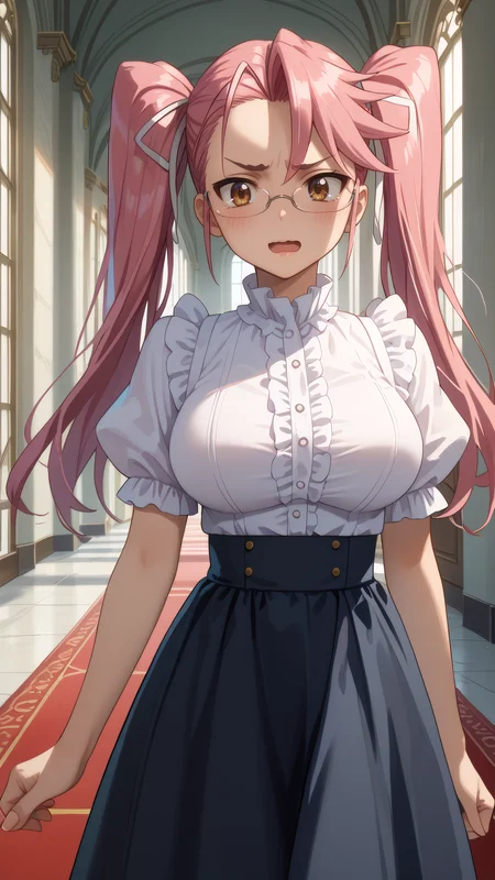 score_9, score_8_up, score_7_up, 1girl, solo, looking at viewer, anime coloring, cowboy shot,
<lora:Saya_Takagi_Dwnsty:0.8>, saya_takagi, pink hair, brown eyes, long hair, twintails, hair ribbon, glasses, frilled shirt, white shirt, black skirt, puffy short sleeves, center frills,
lips, large breasts, skindentation, blush, light smile, embarrassed, adjusting clothes, open mouth, wavy mouth,
indoors, red carpet, mansion, hallway, marble \(stone\),