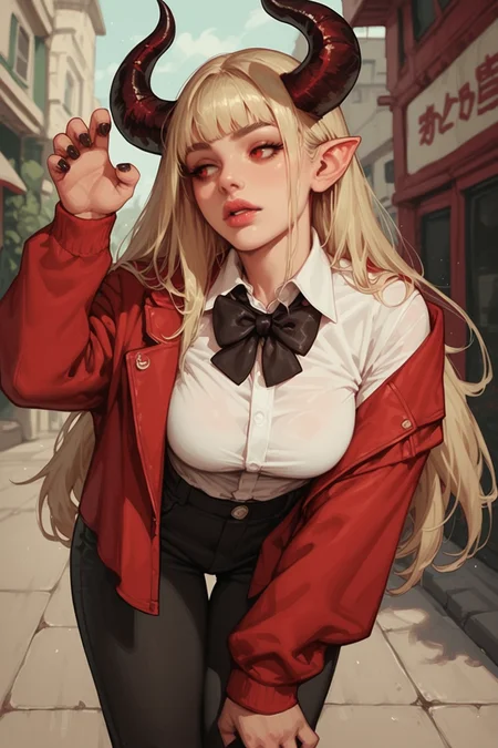 1girl, horns, blonde hair, solo, bow, black nails, jacket, long hair, suit, black bow, bowtie, claw pose, blurry background, formal, pants, shirt, white shirt, blurry, red eyes, outdoors, demon horns, red jacket, looking to the side, nail polish, breasts, leaning forward, fingernails, black bowtie, , open jacket, open clothes, makeup, hair over shoulder, zPDXL3, detailxl, Score_PnyReal