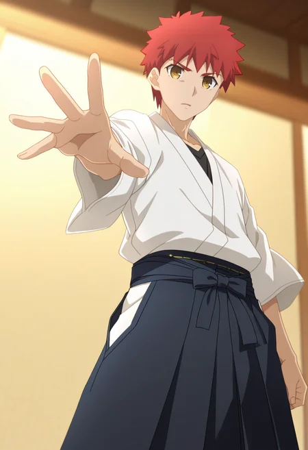 masterpiece, best quality, amazing quality,high resolution, intricate details,depth of field, official style , , , 1boy, solo, male focus, <lora:Shirou_Emiya:0.85>, shirou emiya, red hair, yellow eyes, short hair,white shirt, hakama, kyuudou,hakama skirt,black skirt ,pose, reaching, from below