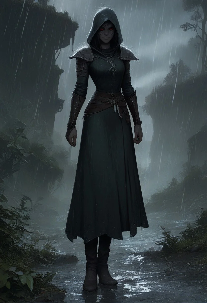 score_9, score_8_up, score_7_up,
1 girl, ((dunmer)), skyrim dark elf, elder scrolls, dunmer wizard wearing robes standing outside in rain in fantasy landscape.
Full body view. ((dark grey ashen skin)), drow with dark grey skin, dark grey small lips, small nose, (((large dark red eyes, no sclera))), narrow slender face, pronounced cheekbones, feminine, pretty, subtle seductive smile, facial tattoos, (wearing black sorceress robes, wearing wizard robes, battlemage outfit)),
((outside in rain, raining)), wet, alien plants in background, cliffs in background.
photo, raw, fantasy, concept art, realistic