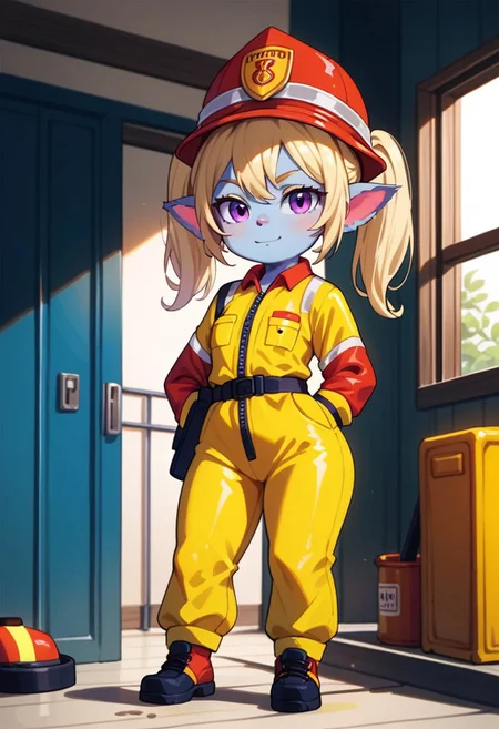 score_9, score_8_up, score_7_up, full height, Portrait,EasyNegative, (1girl), (detailed),yordle, shortstack, short girl,purple eyes, blonde hair, twintails, blue skin, colored skin,firefighter costume, room,