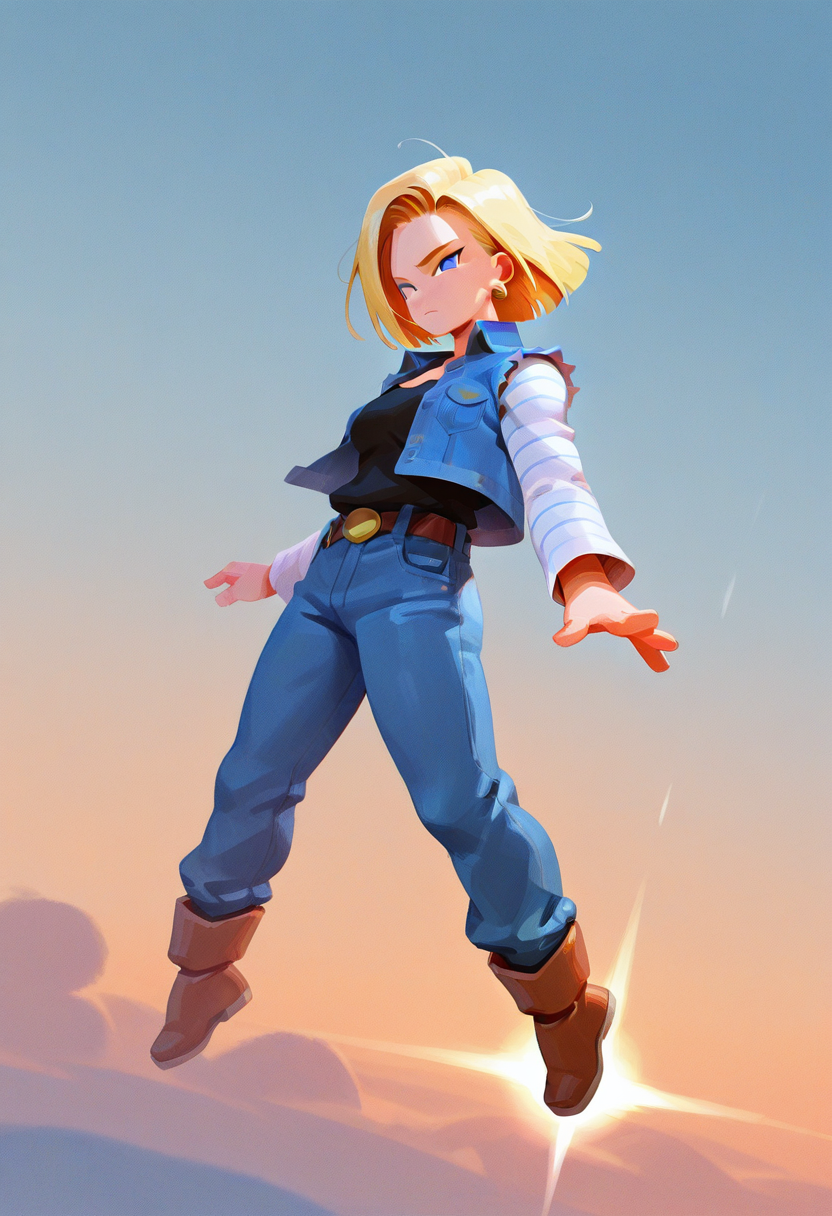 sp3,  masterpiece, best quality, solo, android 18, flying through the sky, denim jacket, warm colors, 