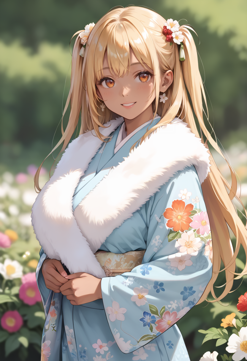 score_9, score_8_up, score_7_up,source_anime, masterpiece, best quality, perfect anatomy, very aesthetic, ((outlined outlined vector graphics)), cute face, (glow eyes:0.8), ,  looking at viewer  ,beautiful scenery,1girl,25yo, (focus female),  
20yo, (large breast:1.2), orange eyes, (blonde hair:1.3),long hair, (two side up:1.1), (dark skin:1.6), dark skin girl, (tall:1.2),bangs
, white fur ,  blue kimono, furisode, furisode-with-fur , smile ,  cute closed eyes , clothed, simple background   , flowers , floral pattern <lora:furisode-with-fur-pony-01:1>
