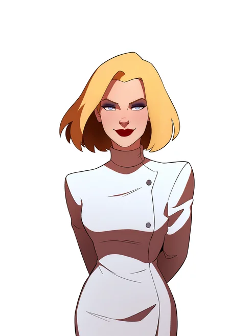 masterpiece, best quality, very aesthetic, absurdres,
1girl, agentl, blonde hair, short hair, blue eyes, red lips, makeup,
white coat, white skirt,
arms behind back, upper body, smile, looking at viewer, solo, (simple background, white background:1.3),     <lora:AgentLNoobXL_byKonan:1>
