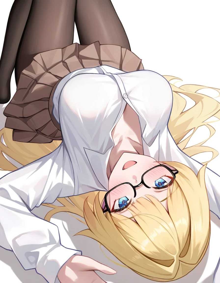 1girl,
ruozhishi, looking at viewer, solo, glasses, black-framed eyewear, school uniform, medium breasts, brown skirt, :d, white shirt, black pantyhose, dress shirt, white background, feet out of frame, blush, pantyhose, open mouth, breasts, simple background, knees up, no shoes, blonde hair, very long hair, skirt, smile, signature, lying, long hair, long sleeves, sleeves past wrists, on back, collared shirt, pleated skirt, arm up, shirt, blue eyes,
masterpiece, best quality, very aesthetic, newest, absurdres, incredibly absurdres
<lora:ruozhishi:1>