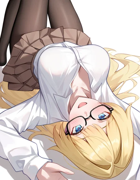 1girl, 
ruozhishi, looking at viewer, solo, glasses, black-framed eyewear, school uniform, medium breasts, brown skirt, :d, white shirt, black pantyhose, dress shirt, white background, feet out of frame, blush, pantyhose, open mouth, breasts, simple background, knees up, no shoes, blonde hair, very long hair, skirt, smile, signature, lying, long hair, long sleeves, sleeves past wrists, on back, collared shirt, pleated skirt, arm up, shirt, blue eyes,
masterpiece, best quality, very aesthetic, newest, absurdres, incredibly absurdres
 <lora:ruozhishi:1>