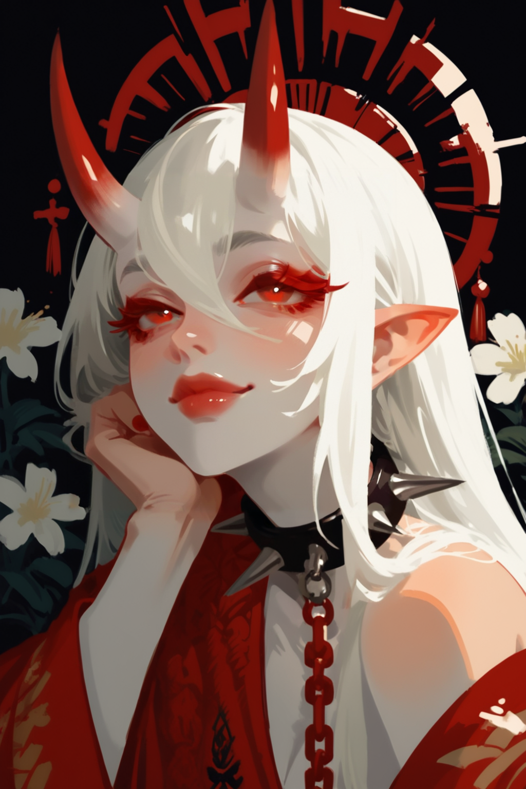 1girl, (white skin:1.2), horns, colored skin, pointy ears, solo, red hair, chain, collar, multicolored hair, long hair, spikes, white hair, flower, spiked collar, oni, two-tone hair, black background, white flower, upper body, smile, red eyes, red eyes, bare shoulders, closed mouth, single bare shoulder, tattoo, off shoulder, eyelashes, head rest, looking at viewer, hair between eyes, black collar, collarbone, lips, looking up, colored eyelashes, red eyelashes, red nail polish, red kimono, off shoulder, looking away, breasts, pale skin, zPDXL3,  PnyCmicXLPOS, detailxl,  (lineless, vector art:1.5)