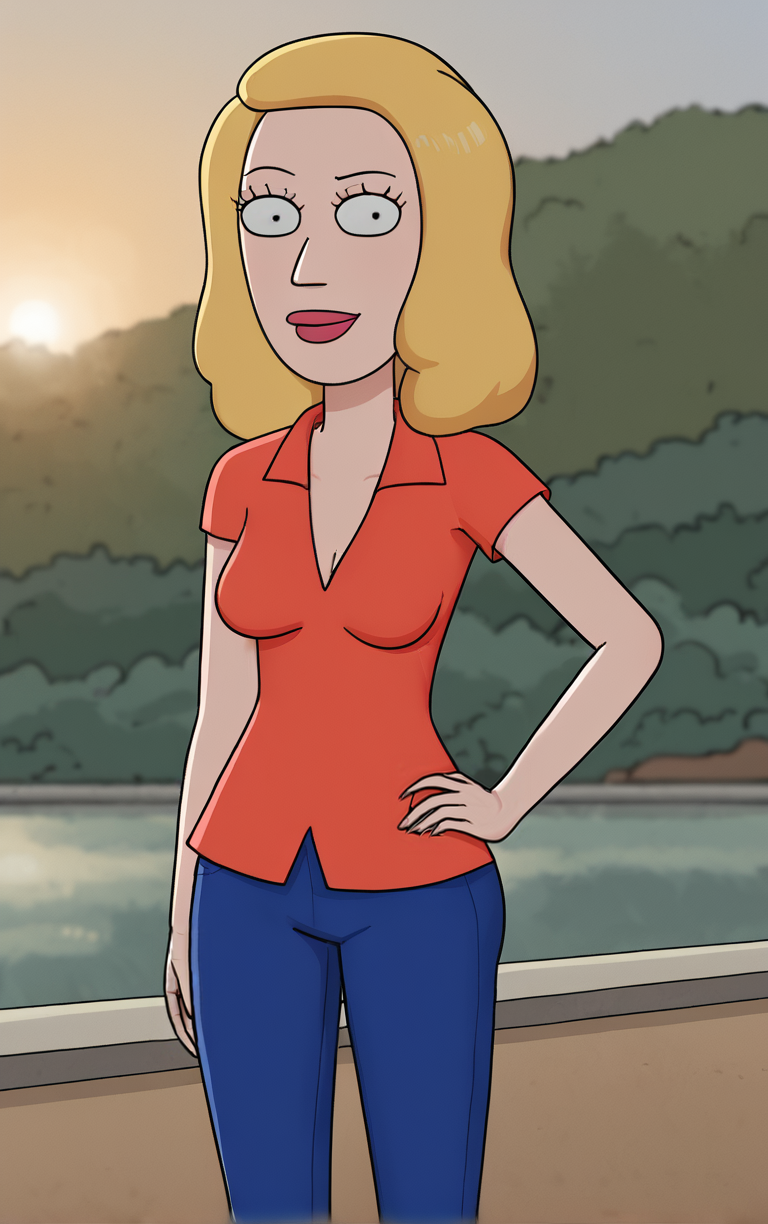 score_9, score_8_up, score_7_up, outdoors, solo, looking at viewer, BREAK 
(contrapposto, hand on hip), 
RedShirt_BethSmith_ownwaifu, 
1girl, blonde hair, constricted pupils, black eyes, eyelashes, lipstick, makeup, red lips, medium breasts, medium hair, colored skin, mature female, red shirt, cleavage, short sleeves, pants, collared shirt, jeans, blue pants, toon (style),
(contrapposto, hand on hip), sunset, sidelighting, <lora:PONYXL_MOM_BethSmith_ownwaifu:1>,
 depth of field, light particles,