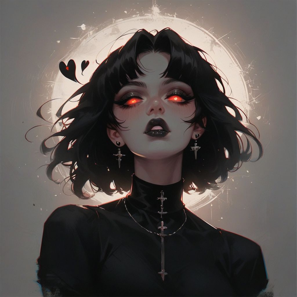 score_9, score_8_up, score_7_up, score_6_up, aesthetic,  goth girl, large breasts, glowing lights, glowing, (straight hair), g0thicPXL, long eyelashes, blushing, (blowing a kiss), floating black hearts