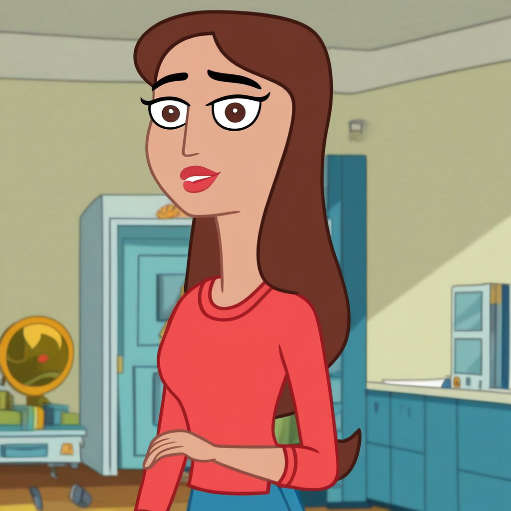 score_9, masterpiece, 1girl, Solo, female focus, Carolina_HYG, medium skin, dark brown eyes, brown hair, long straight hair, red lipstick, red t-shirt, tight blue jeans pants, dark blue sandals wedges, big eyes, tall stature, standing, cowboy shot, room background, looking at viewer, perfect eyes, detailed eyes