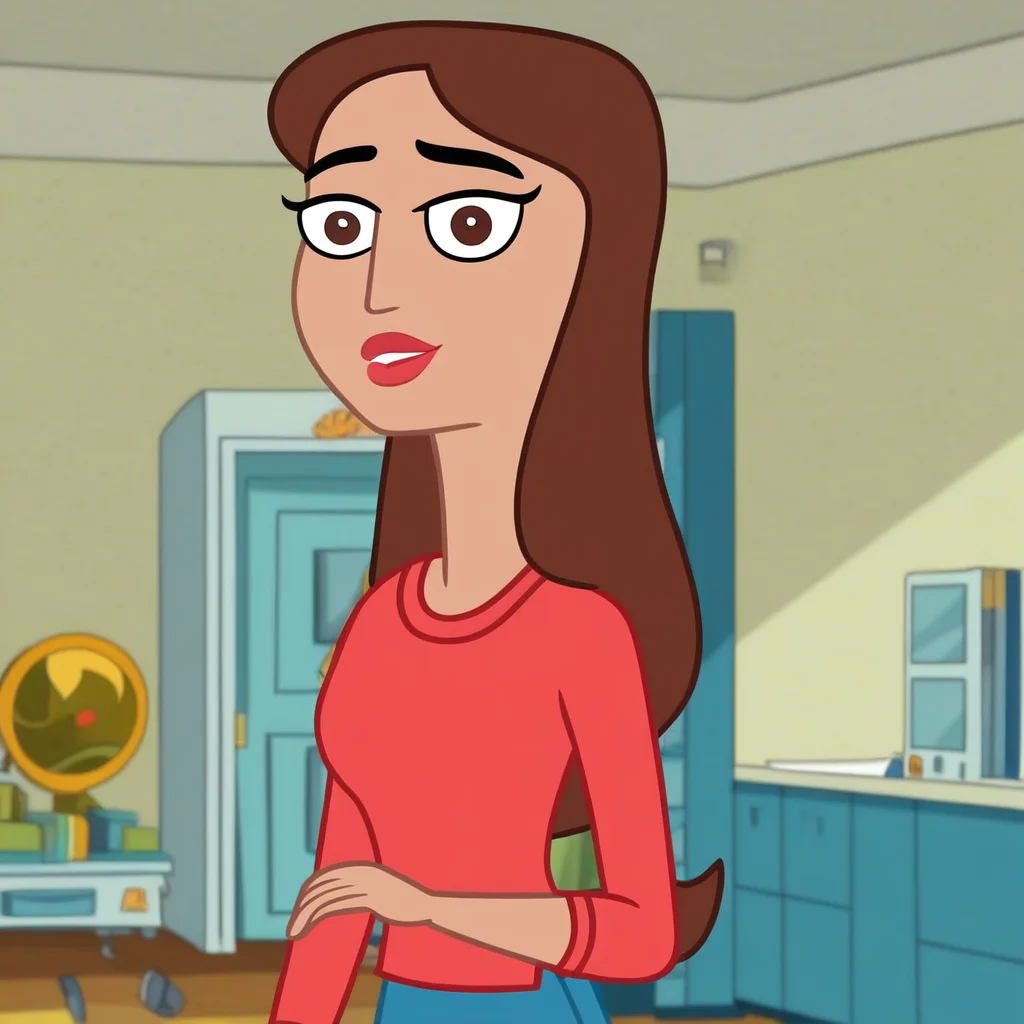 score_9, masterpiece, 1girl, Solo, female focus, Carolina_HYG, medium skin, dark brown eyes, brown hair, long straight hair, red lipstick, red t-shirt, tight blue jeans pants, dark blue sandals wedges, big eyes, tall stature, standing, cowboy shot, room background, looking at viewer, perfect eyes, detailed eyes