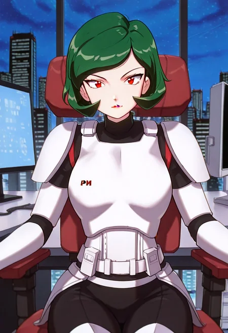 masterpiece, best quality, good quality, <lora:PMWendyIL:0.9>, PMWendy, 1girl, solo, green hair, short hair, red eyes, lipstick,stormtrooper, armor, white armor, black bodysuit, bodysuit under clothes,
looking at viewer, sitting, monitor
BREAK indoors, day, office, swivel chair, window, night sky, cityscape,