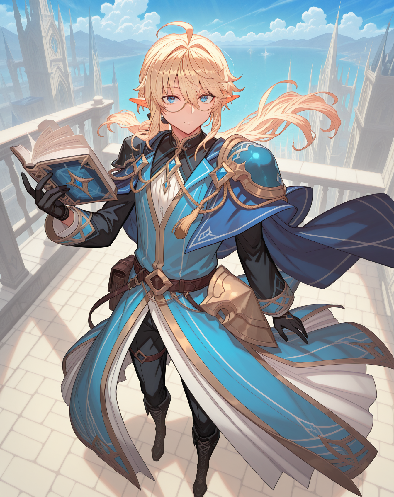 masterpiece, amazing quality, best quality, absurdres, very aesthetic,
1boy, solo, yaoi, male focus, full body, from above, standing, looking at viewer, face focus,
<lora:Grandiel_Likability_ilxl:1> likabilitygrandiel, pointy ears, blonde hair, blue eyes, long hair, glasses, hair between eyes, ahoge, low ponytail, floating hair, elf, sidelocks,
black gloves, blue coat,long sleeves, pauldrons, waist cape, shoulder armor, black shirt, blue cape, layered clothes, aiguillette, open coat, faulds, lace-up boots, lack pants, brown belt, black footwear, cross-laced footwear, knee boots,black belt, belt buckle, fold-over boots, collared coat, white coat, coattails, tachi-e, black coat, single pauldron, lapels,
jewelry, brooch,monocle, eyewear strap, gold trim, tassel, sleeve cuffs, chain, blue robe, gem,
holding book, open book, 
outdoors, day, blue sky,