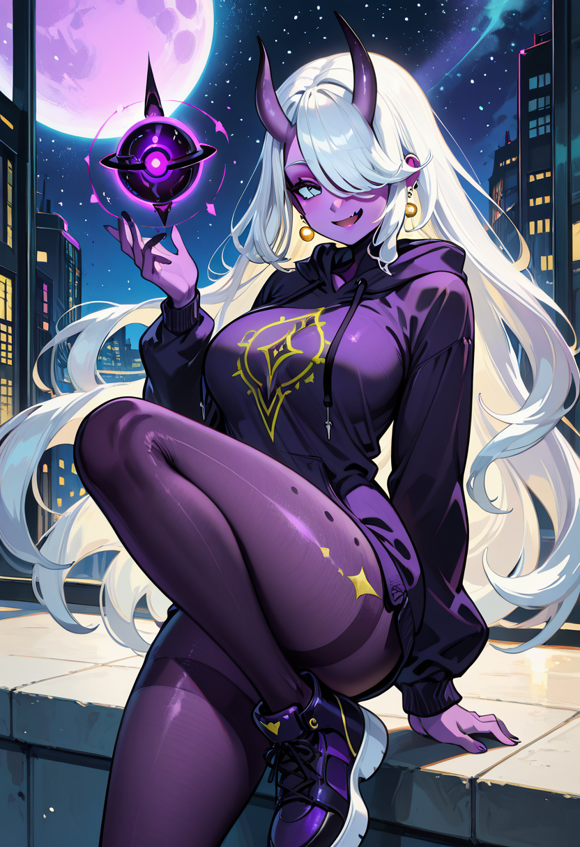masterpiece, best quality, 1girl, solo, eyelashes, (beautiful eyes), smile, looking at viewer,    <lora:MehiraAFK_IXL_v2:0.8>, [Celestial Streetwear], zzMehira, purple skin, big breasts, long hair, white hair, hair over one eye, 1girl, solo, oversized moon hoodie, starglyph tights, platform sneakers, alien earrings, urban rooftop, starry sky, futuristic city, cosmic street fashion aesthetic â zzMehira leans against a rooftop vent, city lights blazing behind her like constellations. Her hoodie billows in the night wind, printed with shifting lunar phases, while glowing glyphs spiral down her tights. One sharp fang glints beneath a sly smirk, her hair veiling half her face as she listens to music from a floating speaker orb.