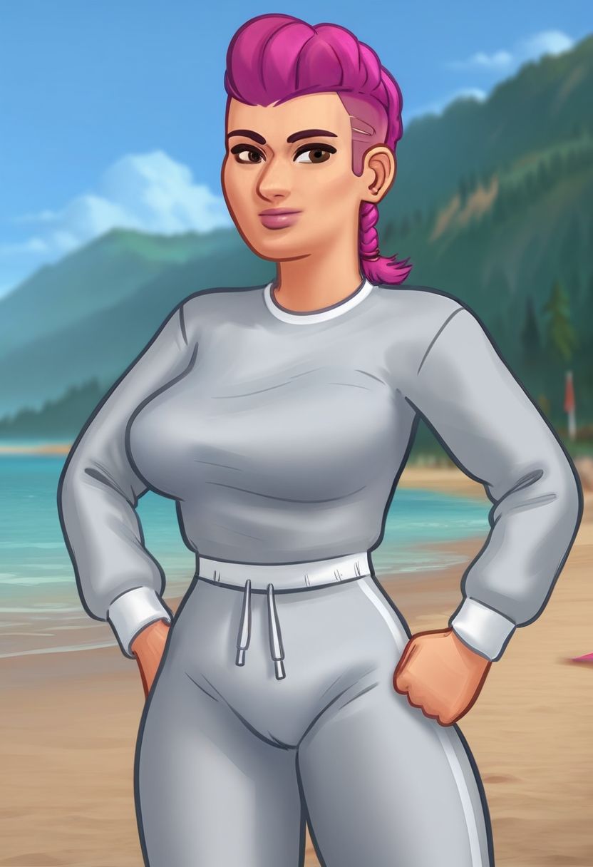 score_9, score_8_up, score_7_up, score_6_up, score_5_up, score_4_up, ((low depth of field)), <lora:SummertimeSagaXL_Pony:0.4>, (Drawn in the style of summertime saga), (beautiful landscape),
BREAK
<lora:stsBridget-10e:0.7>, stsbridget standing on beach, 1girl, medium breasts, brown eyes, pink hair, single braid, pink nails, grey sweatshirt, long sleeves, grey sweatpants, looking at viewer, hands on hip