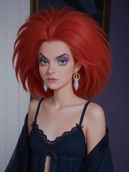 score_9, score_8_up, score_7_up,1girl, solo,    <lora:Dark_Princess_Pony:1> 1girl, solo, ssdp2, red hair, green eyes, nightgown, robe, diamond earrings, eyeshadow, makeup, standing upper body, bare shoulders