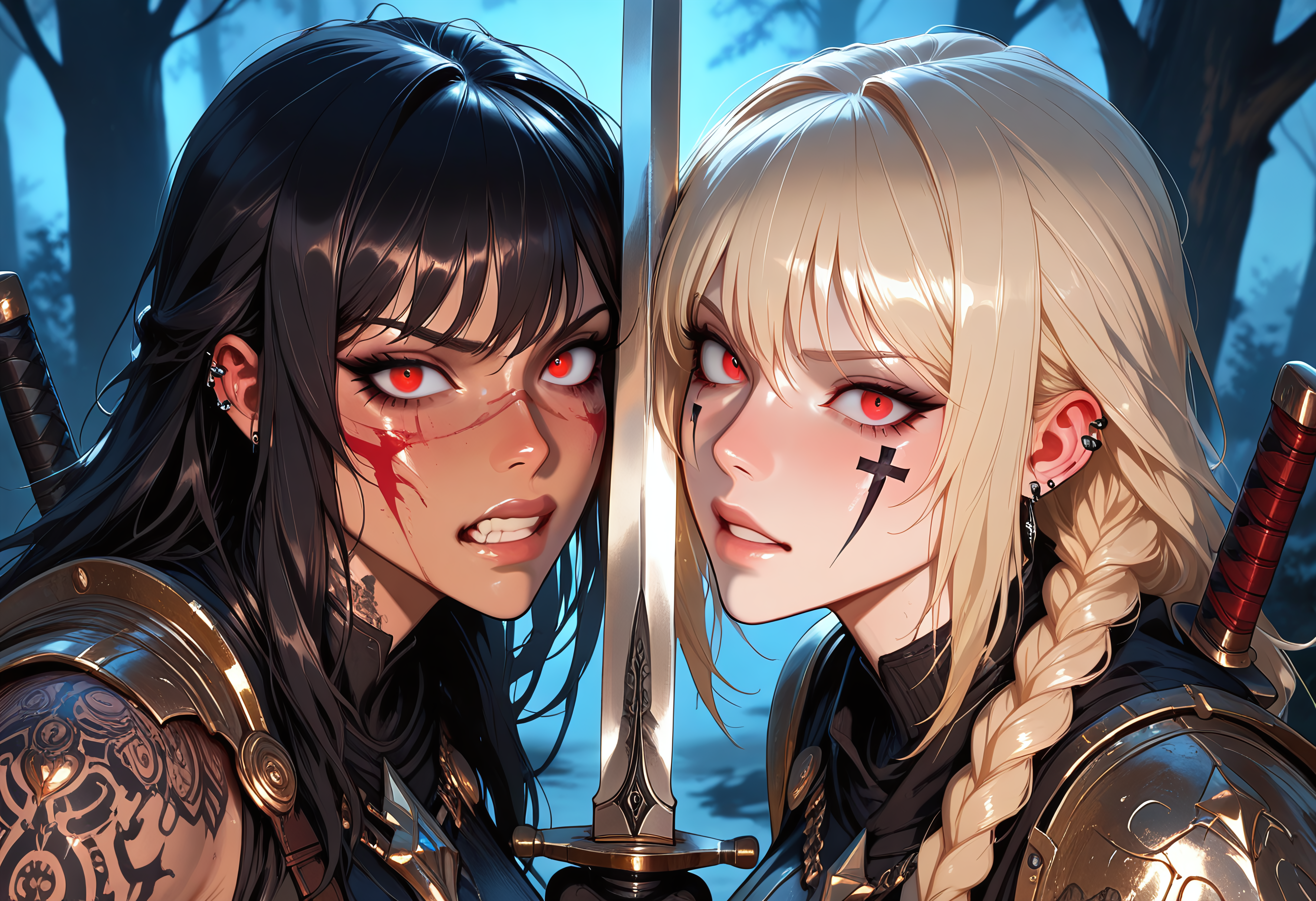 highres, very detailed, amazing quality, masterpiece,
very aesthetic,
particle effect, particle effects,

2girls, tan skin, warriror, knight, holy knight, long braided hair, Black hair, red eyes, perfect eyes, scars, scars on face, blonde highlights in hair, beautiful, Large breasts, perfect body, muscle tone, cross tattoo, cross tattoo on cheek, tattoos, arm tattoo, leg tattoo, neck tattoo, piercings, armor, tabard, red and black tabard, armor plating, jewelery, enchanted armor, engraved armor, curvy, 

fighting in a dark forest, foreshortening, intense, battle rage, anger, gritting teeth, night, at night, dark forest, dark, foggy, witchcraft symbols hanging from tree, symbols carved into trees, ritural markings, ominous, eerie,  

(action shot, sword fight, 2 swords hitting each other, crossed swords:1.1), ((Face Focus, close up))