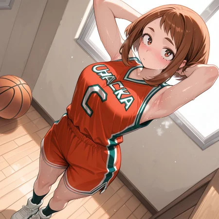 anime, masterpiece, best quality, detailed background, 8k, easynegative, Enchanting Eyes, uraraka ochako  from my hero academia, looking at viewer, basketball uniform, sweat, blushing, full body angle, standing, , beautiful eyes, armpit,
