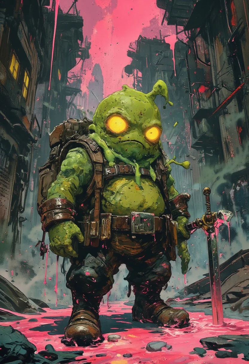 A cute, chubby slime warrior character with a semi-transparent, glossy green gelatinous body, glowing yellow eyes, and a slightly dripping texture. The slime wears a rugged, dark adventurer outfit partially covered by the slime mass, with visible leather boots and a belt with small pouches. The character wields a short, shiny dagger with slime dripping from it, and carries a large, worn backpack. The ground beneath is splattered with pink slime, creating a playful yet mysterious vibe. The style is colorful, cartoonish, and vibrant with smooth shading and clean outlines, suitable for a fantasy RPG game character design