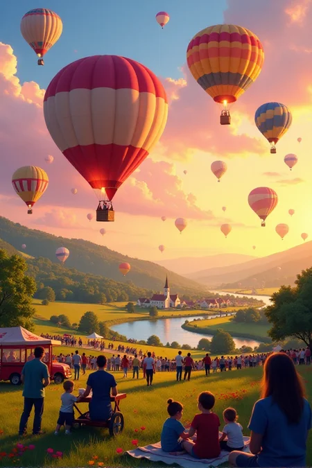 A vibrant digital painting of a lively hot air balloon festival set against the backdrop of a golden sunrise over a sprawling countryside. The sky is a mesmerizing canvas of pastel oranges, pinks, and purples, gradually transitioning to soft blues as the morning light breaks through. Dozens of hot air balloons in various shapes, sizes, and vivid colors float gracefully in the air, their patterns ranging from stripes and polka dots to intricate, artistic designs.
In the foreground, spectators stand on a grassy field, their faces illuminated by the warm glow of the rising sun. Families, couples, and children gaze upward, some taking photos, while others sit on picnic blankets enjoying the magical sight. Vendors' carts line the edges of the field, offering snacks and drinks, with colorful banners fluttering in the breeze.
The balloons' baskets are filled with passengers, their expressions of awe and joy visible as they rise gently into the sky. A few balloons are still being prepared, with bursts of flame shooting up into their canopies as crews work to inflate them. The sound of excited chatter blends with the occasional roar of burners and the rustling of the soft morning breeze.
In the background, rolling hills dotted with wildflowers stretch into the horizon, and a glimmering lake reflects the balloons and the vibrant colors of the sky. A small, historic town with red-brick buildings and a white-steepled church peeks out from behind a hill, adding to the charm of the scene.
The art style is vivid and dynamic, with meticulous attention to detail in the textures of the balloons' fabric, the light reflecting off the baskets, and the soft shadows cast on the ground. The scene captures the excitement and beauty of the festival, evoking a sense of wonder and celebration.âââ