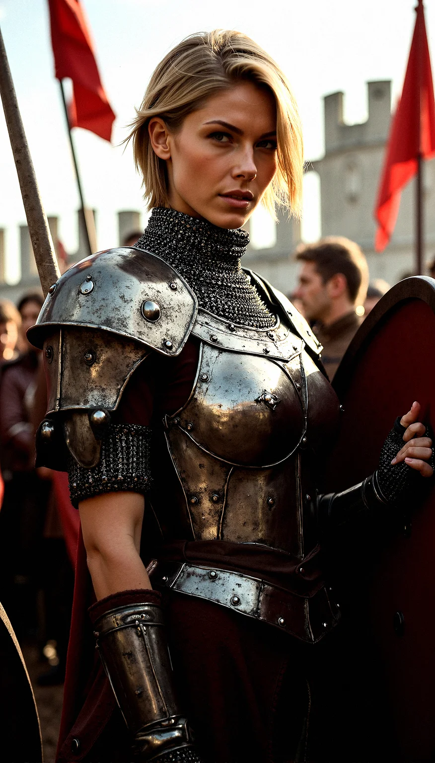 A striking commander 40-year-old woman with short, tousled blonde hair and piercing grey eyes. She wears a meticulously crafted chainmail that contours her muscular build and voluptuous figure. Her thin eyebrows and thicker lips give her an intense and captivating expression. She dons fingerless gauntlets, ready for action. The setting is a medieval fortress, with banners fluttering in the wind and the sound of clashing swords in the background. The lighting is dramatic, highlighting her strong features and the gleam of her chainmail.She is Holding a shield up with one arm, body slightly turned to the side in a defensive stance, protecting herself.Action scene